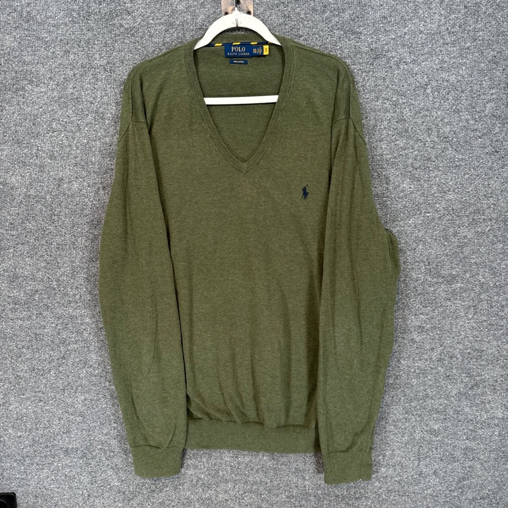 Polo Ralph Lauren Sweater Men XXL Green Pima Cotton Vneck Pullover Classic